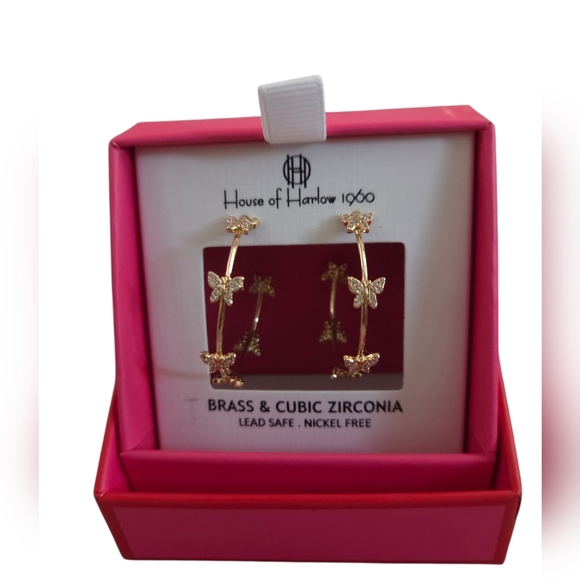 SOLD - NEW Gold 1.24" D. Butterfly Hoop Earrings CZ Pavé Dainty - Picture 2 of 9